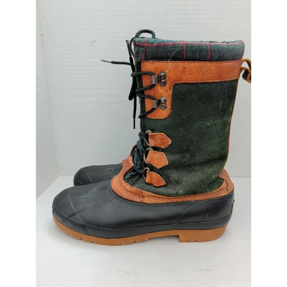 Vtg Eddie Bauer Insulated Duck Boots Men 11 Green Plaid Suede Utility Chore Barn